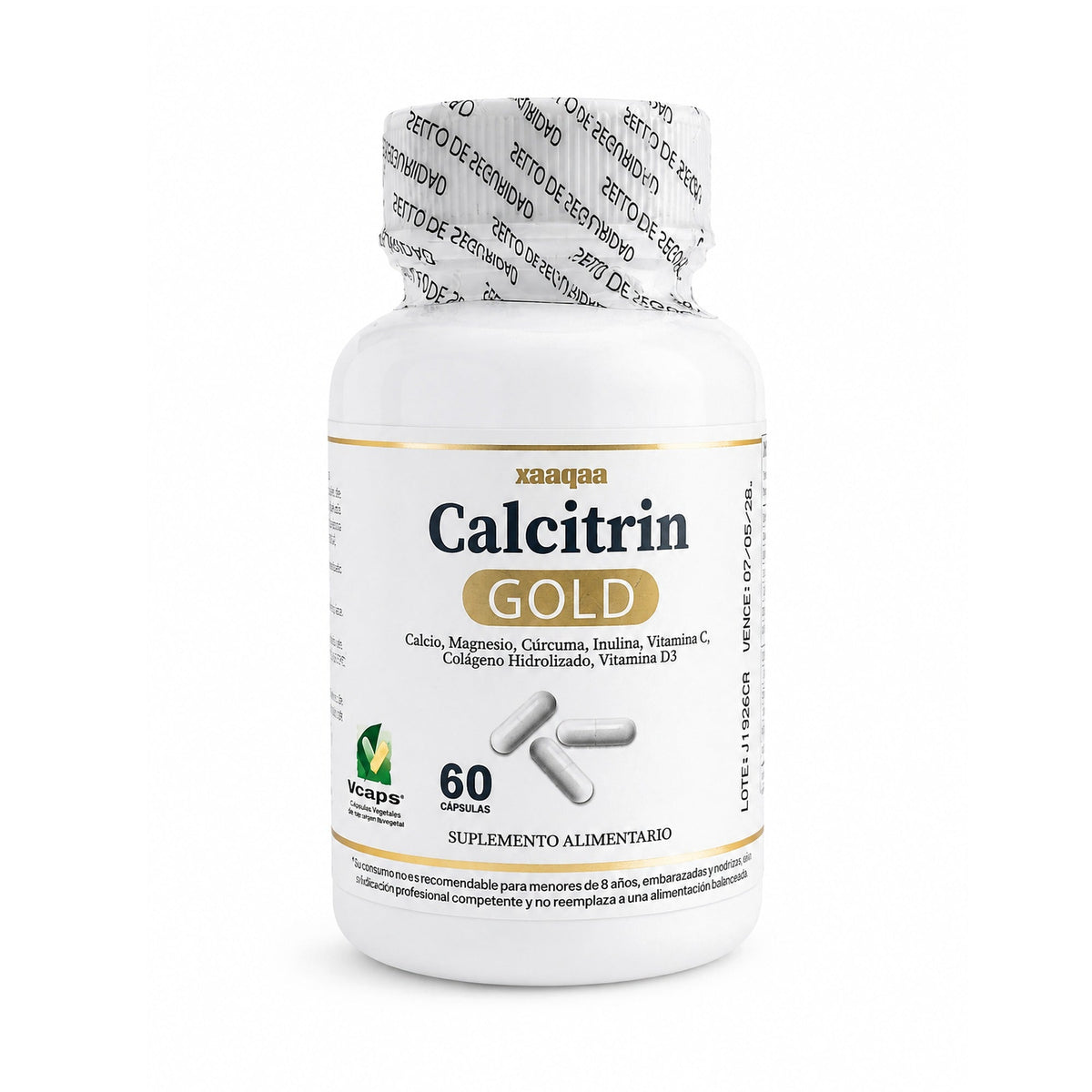 Frasco de Calcitrin Gold con calcio, magnesio y colágeno hidrolizado, 60 cápsulas