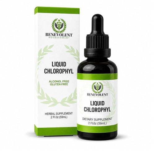 Caja y frasco de Clorofila líquida Benevolent, 60 ml con gotario